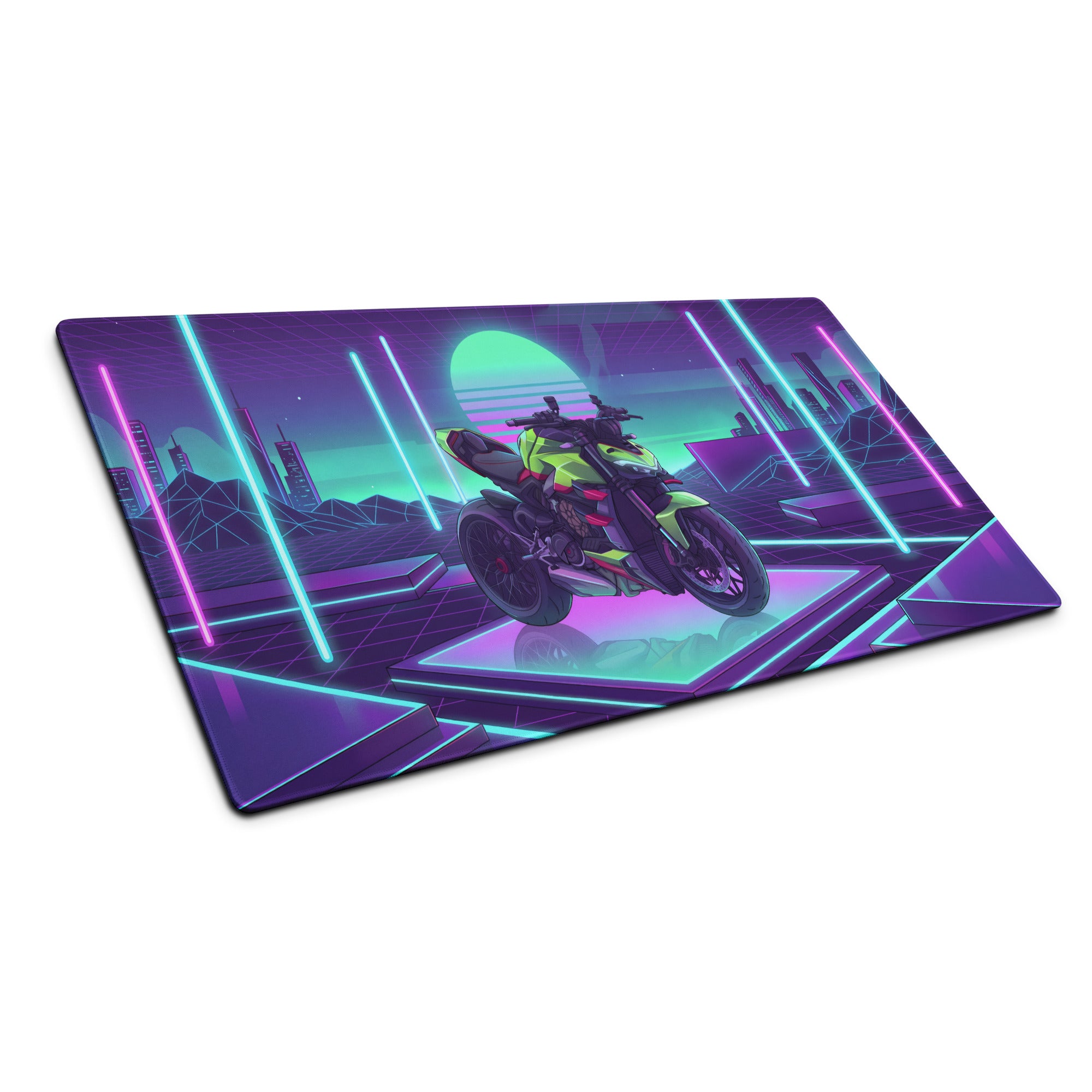 Ducati Streetfighter V4S Inspired Lime Green Purple Vaporwave Gaming Mouse Pad – Neon Cyber Grid Desk Mat, Retro Futuristic Naked Bike Vector Art