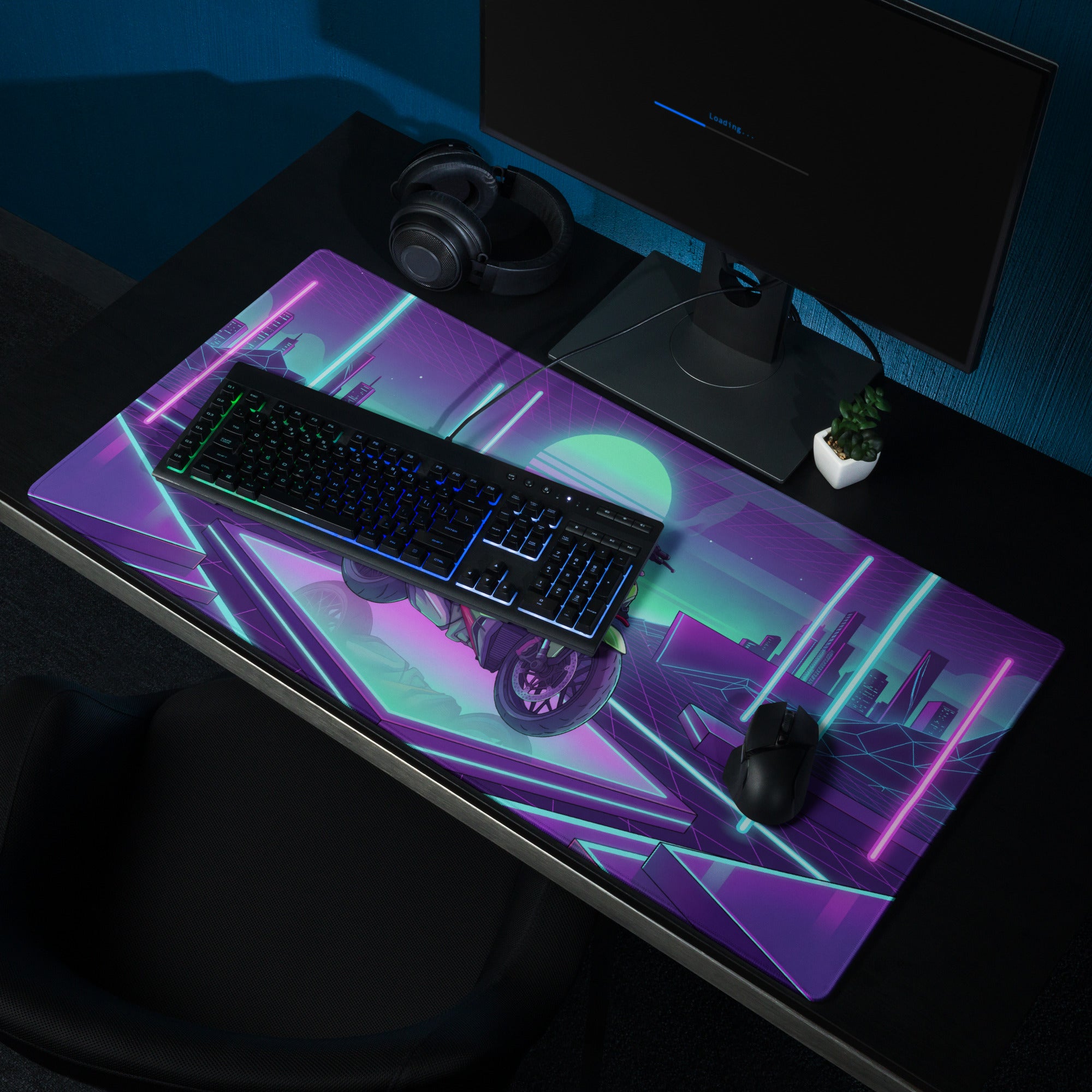 Ducati Streetfighter V4S Inspired Lime Green Purple Vaporwave Gaming Mouse Pad – Neon Cyber Grid Desk Mat, Retro Futuristic Naked Bike Vector Art