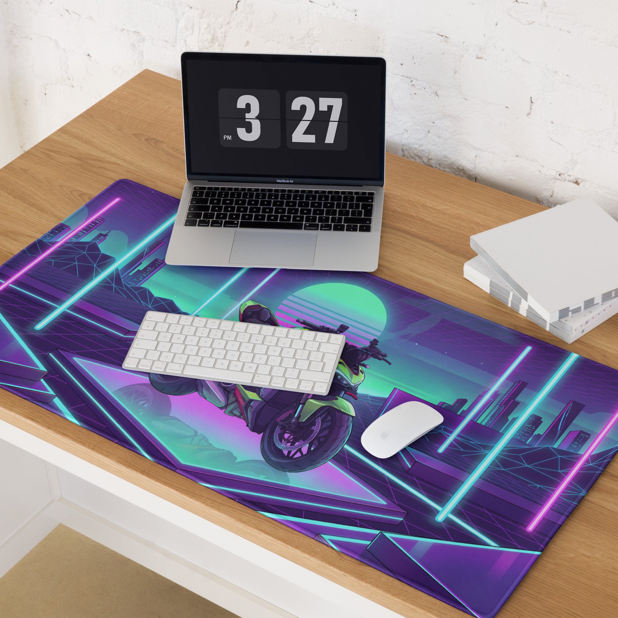 Ducati Streetfighter V4S Inspired Lime Green Purple Vaporwave Gaming Mouse Pad – Neon Cyber Grid Desk Mat, Retro Futuristic Naked Bike Vector Art