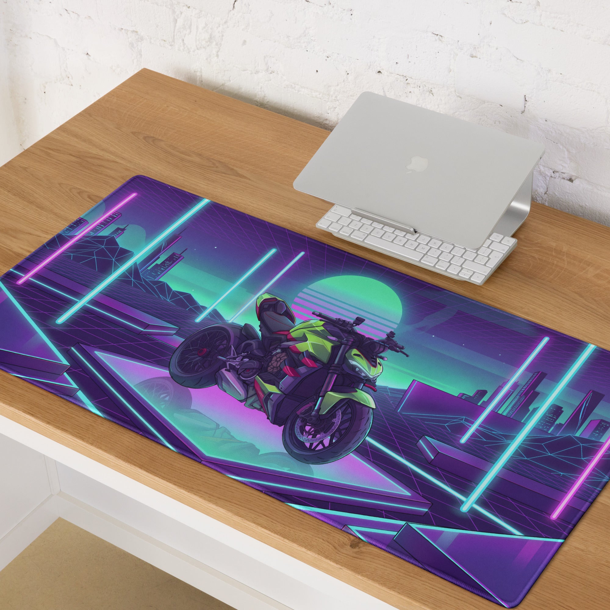 Ducati Streetfighter V4S Inspired Lime Green Purple Vaporwave Gaming Mouse Pad – Neon Cyber Grid Desk Mat, Retro Futuristic Naked Bike Vector Art