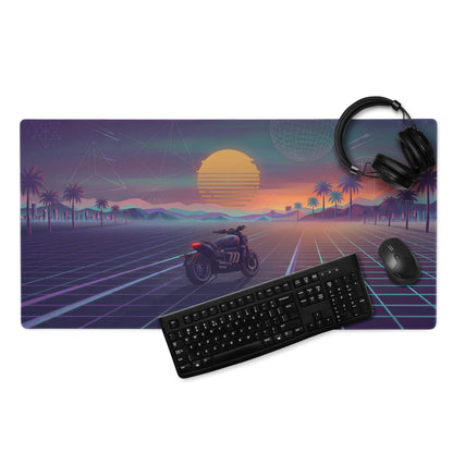 Triumph Rocket 3 Inspired Black Orange Vaporwave Gaming Mouse Pad – Retro Sunset Grid Desk Mat, Synthwave Cruiser Motorcycle Vector Art