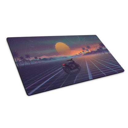 Triumph Rocket 3 Inspired Black Orange Vaporwave Gaming Mouse Pad – Retro Sunset Grid Desk Mat, Synthwave Cruiser Motorcycle Vector Art