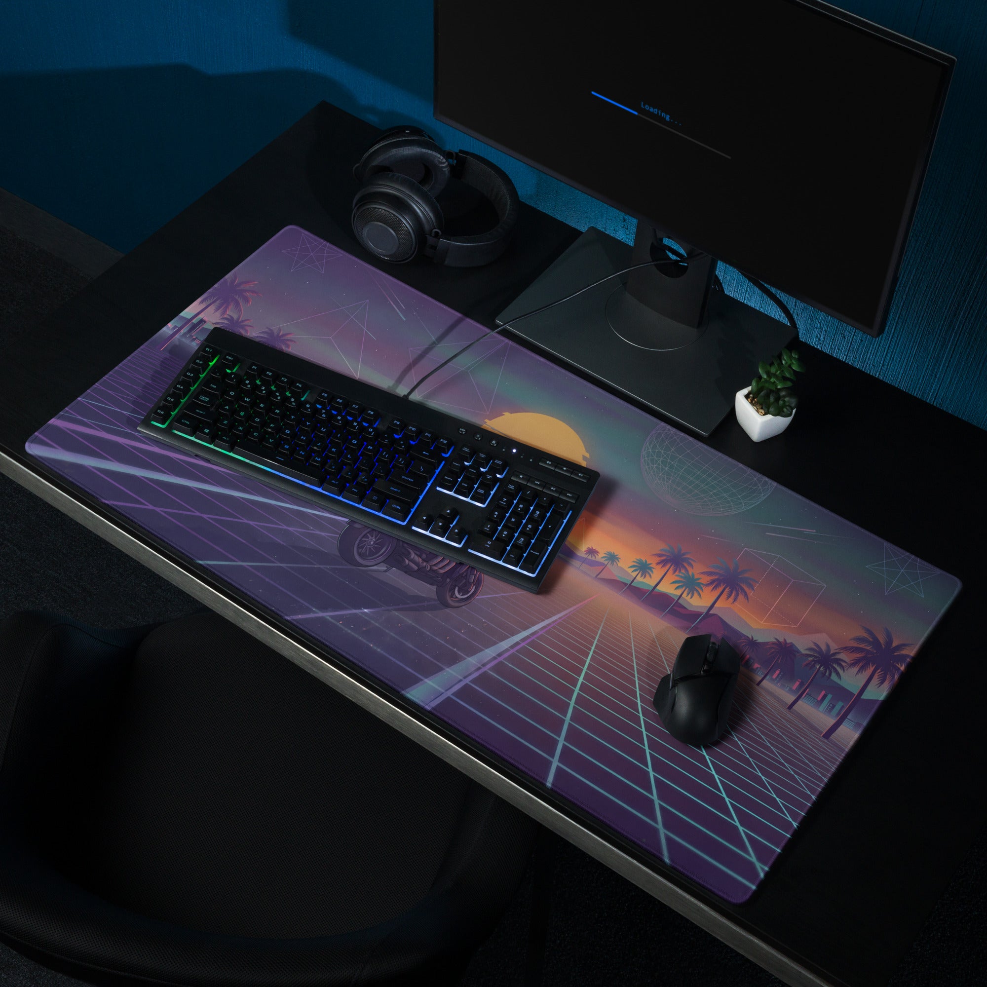 Triumph Rocket 3 Inspired Black Orange Vaporwave Gaming Mouse Pad – Retro Sunset Grid Desk Mat, Synthwave Cruiser Motorcycle Vector Art