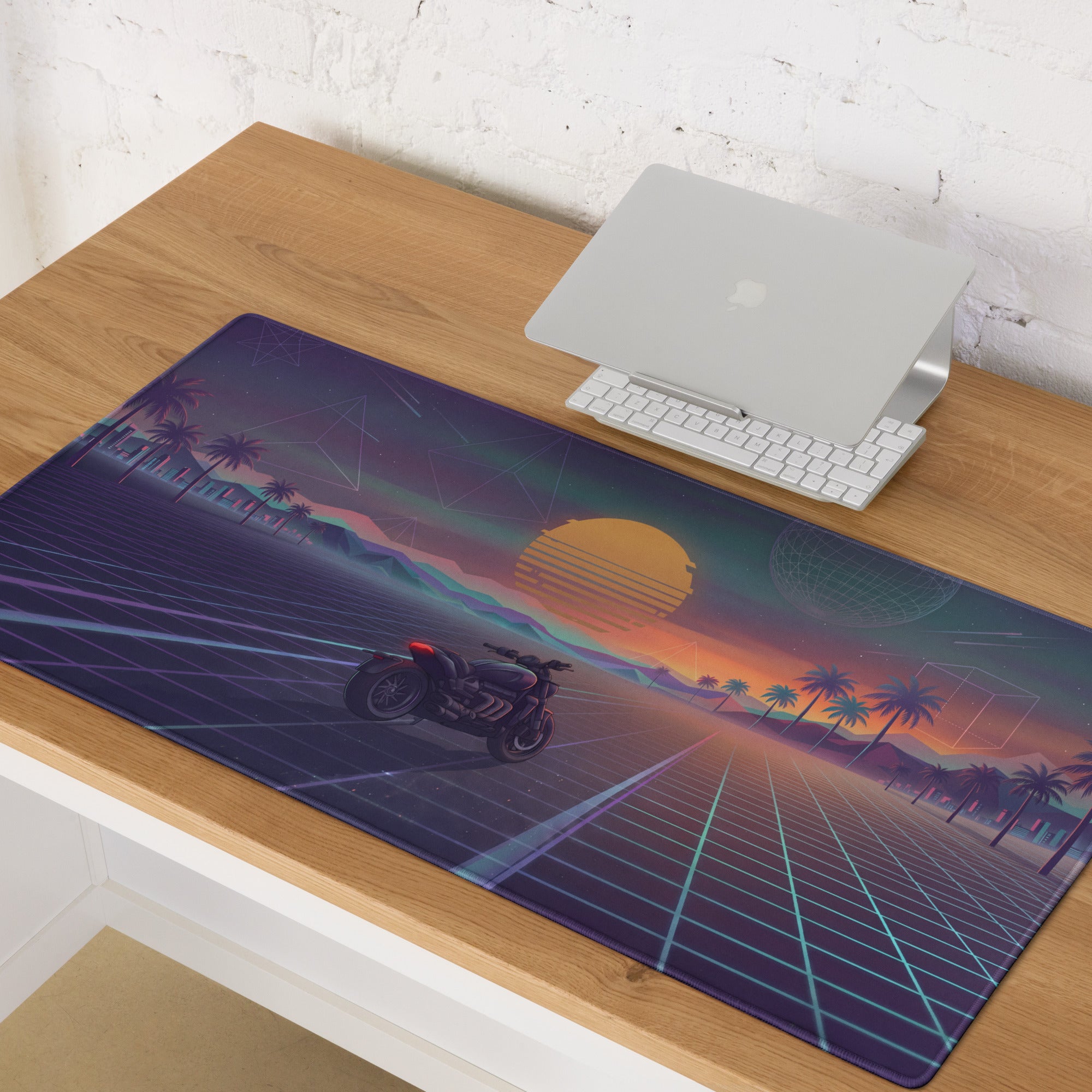 Triumph Rocket 3 Inspired Black Orange Vaporwave Gaming Mouse Pad – Retro Sunset Grid Desk Mat, Synthwave Cruiser Motorcycle Vector Art