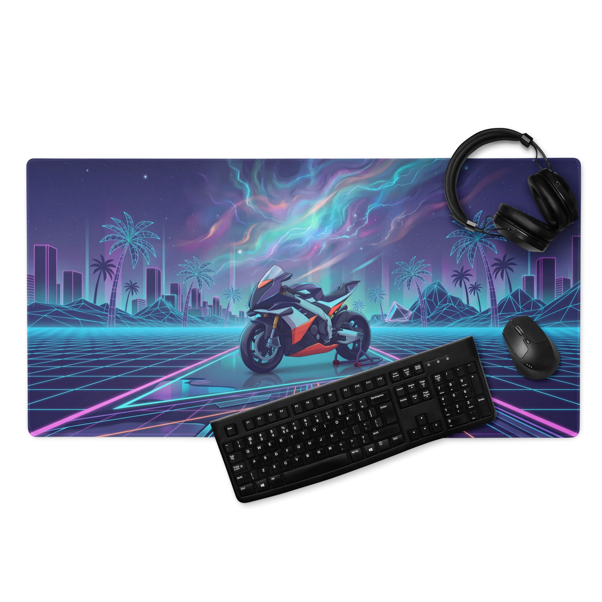 Aprilia RSV4 Xtrenta Inspired White Orange Blue Vaporwave Gaming Mouse Pad – Neon Cosmic Grid Desk Mat, Retro Futuristic Synthwave Sportbike Vector Art