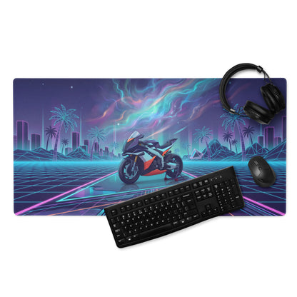 Aprilia RSV4 Xtrenta Inspired White Orange Blue Vaporwave Gaming Mouse Pad – Neon Cosmic Grid Desk Mat, Retro Futuristic Synthwave Sportbike Vector Art
