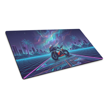 Aprilia RSV4 Xtrenta Inspired White Orange Blue Vaporwave Gaming Mouse Pad – Neon Cosmic Grid Desk Mat, Retro Futuristic Synthwave Sportbike Vector Art