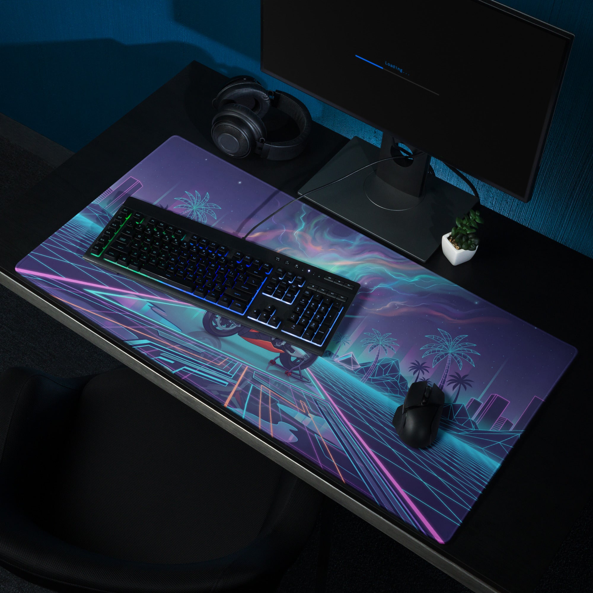 Aprilia RSV4 Xtrenta Inspired White Orange Blue Vaporwave Gaming Mouse Pad – Neon Cosmic Grid Desk Mat, Retro Futuristic Synthwave Sportbike Vector Art