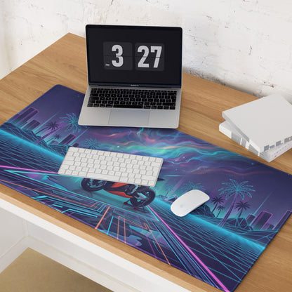 Aprilia RSV4 Xtrenta Inspired White Orange Blue Vaporwave Gaming Mouse Pad – Neon Cosmic Grid Desk Mat, Retro Futuristic Synthwave Sportbike Vector Art