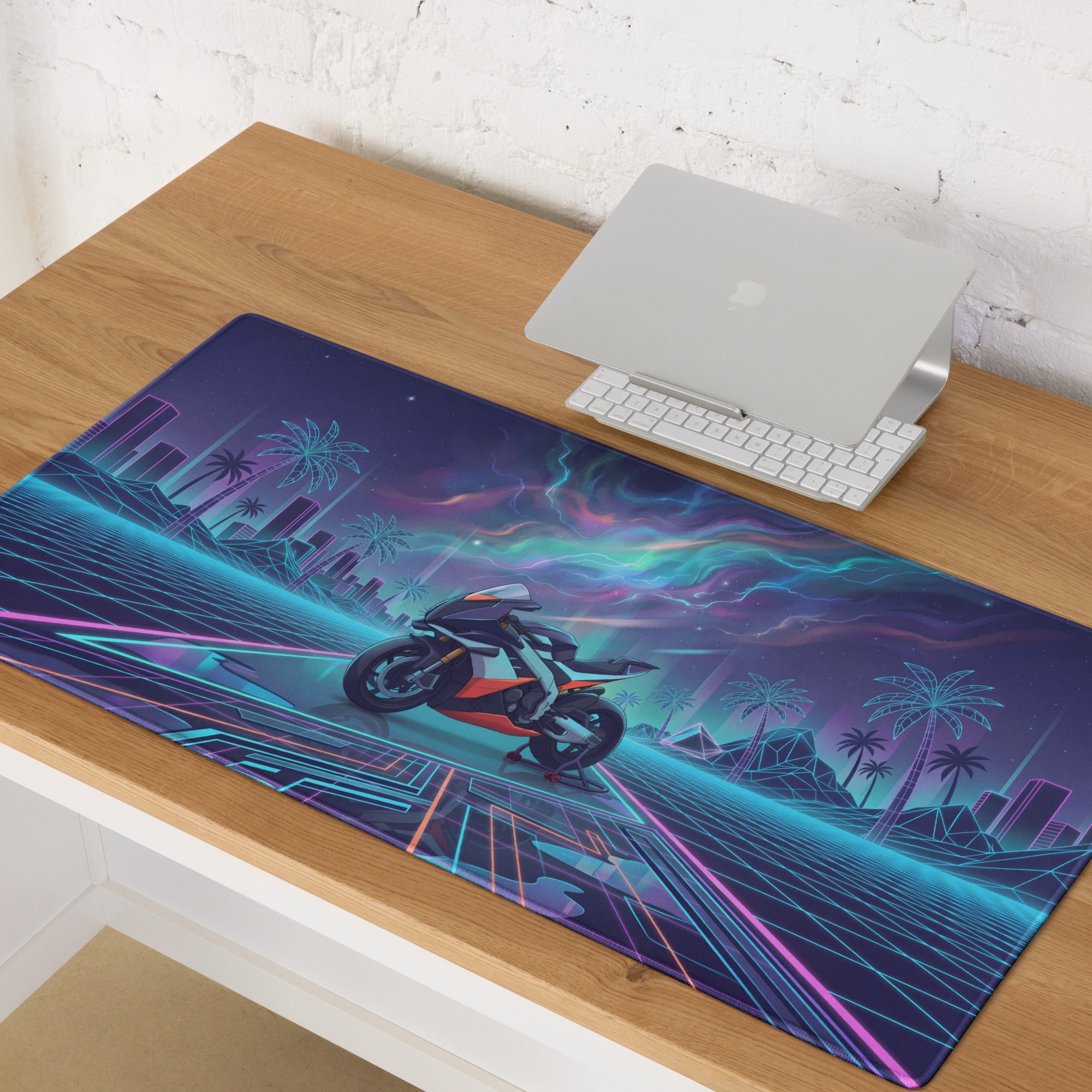 Aprilia RSV4 Xtrenta Inspired White Orange Blue Vaporwave Gaming Mouse Pad – Neon Cosmic Grid Desk Mat, Retro Futuristic Synthwave Sportbike Vector Art