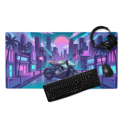 Aston Martin AMB 001 Inspired Silver Blue Vaporwave Gaming Mouse Pad – Neon Cyber City Desk Mat, Retro Futuristic Luxury Motorcycle Vector Art