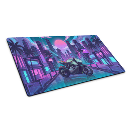 Aston Martin AMB 001 Inspired Silver Blue Vaporwave Gaming Mouse Pad – Neon Cyber City Desk Mat, Retro Futuristic Luxury Motorcycle Vector Art