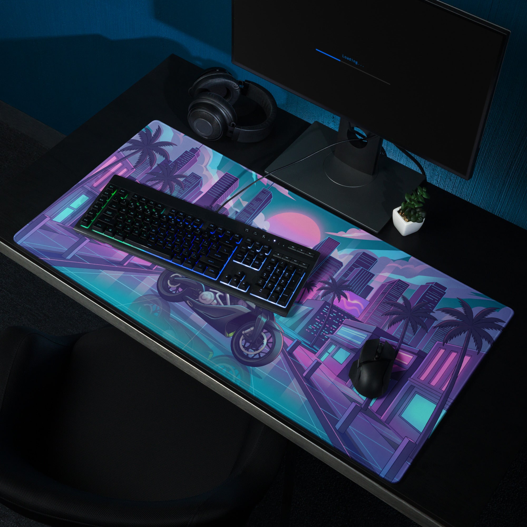 Aston Martin AMB 001 Inspired Silver Blue Vaporwave Gaming Mouse Pad – Neon Cyber City Desk Mat, Retro Futuristic Luxury Motorcycle Vector Art
