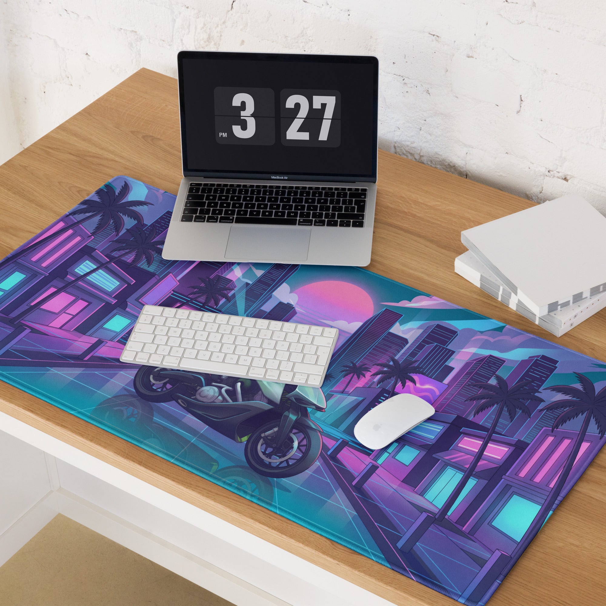 Aston Martin AMB 001 Inspired Silver Blue Vaporwave Gaming Mouse Pad – Neon Cyber City Desk Mat, Retro Futuristic Luxury Motorcycle Vector Art