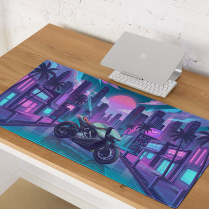 Aston Martin AMB 001 Inspired Silver Blue Vaporwave Gaming Mouse Pad – Neon Cyber City Desk Mat, Retro Futuristic Luxury Motorcycle Vector Art