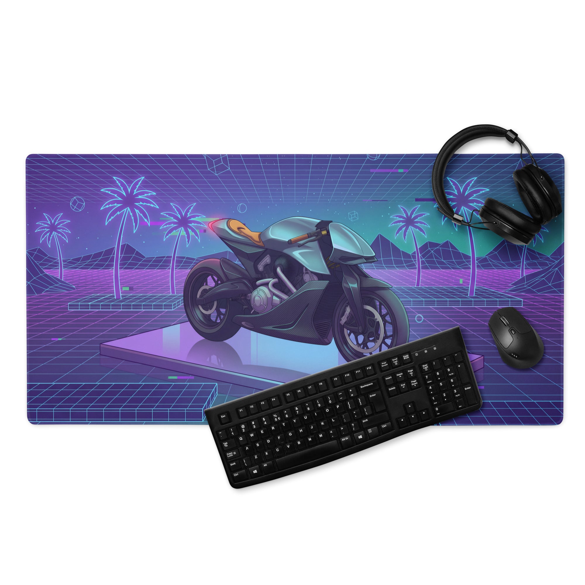 Aston Martin AMB 001 Inspired Silver Blue Vaporwave Gaming Mouse Pad – Neon Palm Grid Desk Mat, Retro Futuristic Luxury Motorcycle Vector Art