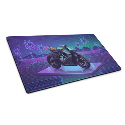 Aston Martin AMB 001 Inspired Silver Blue Vaporwave Gaming Mouse Pad – Neon Palm Grid Desk Mat, Retro Futuristic Luxury Motorcycle Vector Art
