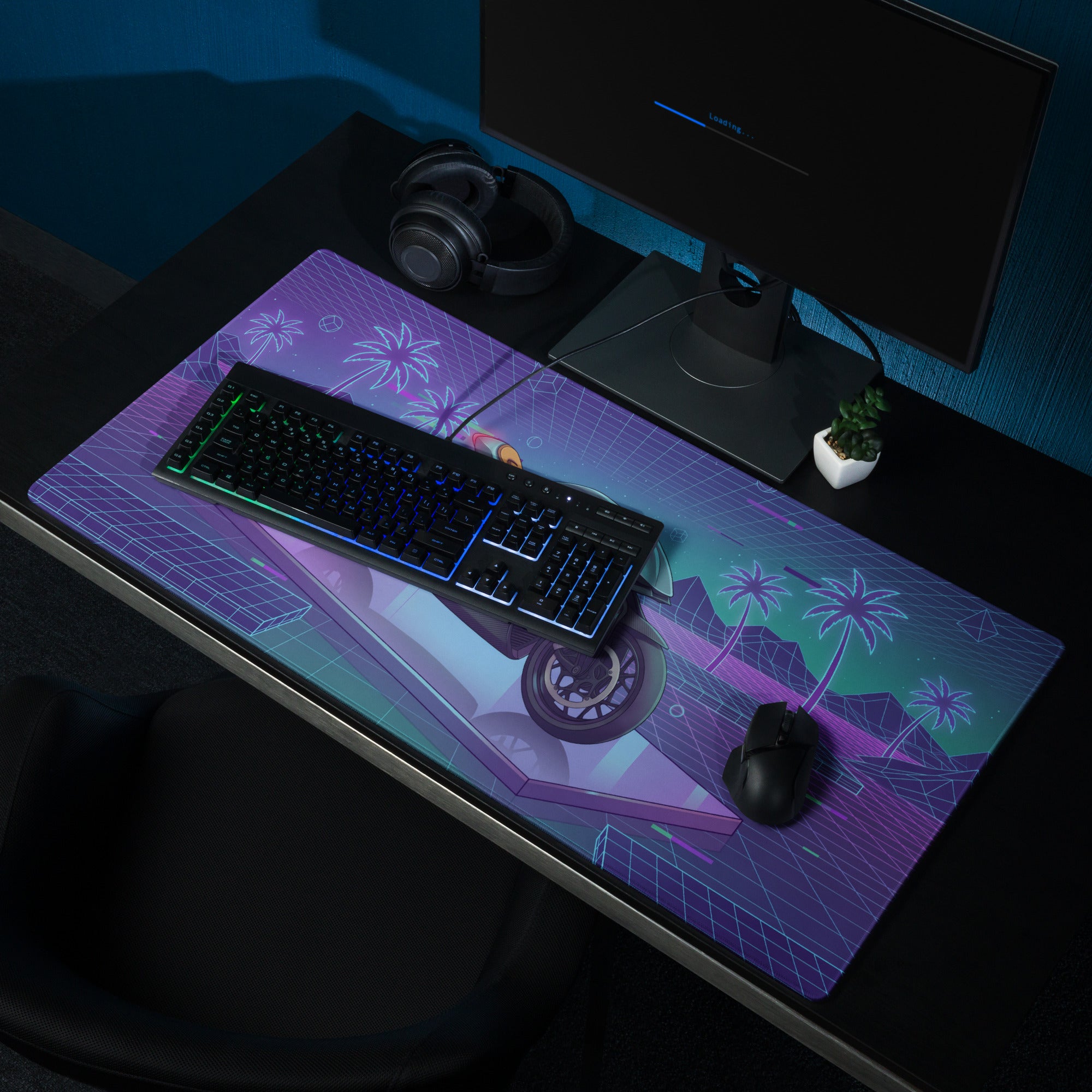 Aston Martin AMB 001 Inspired Silver Blue Vaporwave Gaming Mouse Pad – Neon Palm Grid Desk Mat, Retro Futuristic Luxury Motorcycle Vector Art