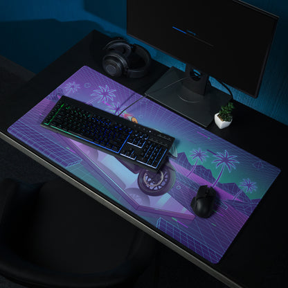 Aston Martin AMB 001 Inspired Silver Blue Vaporwave Gaming Mouse Pad – Neon Palm Grid Desk Mat, Retro Futuristic Luxury Motorcycle Vector Art