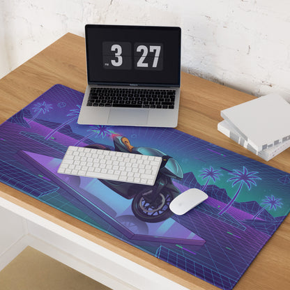 Aston Martin AMB 001 Inspired Silver Blue Vaporwave Gaming Mouse Pad – Neon Palm Grid Desk Mat, Retro Futuristic Luxury Motorcycle Vector Art