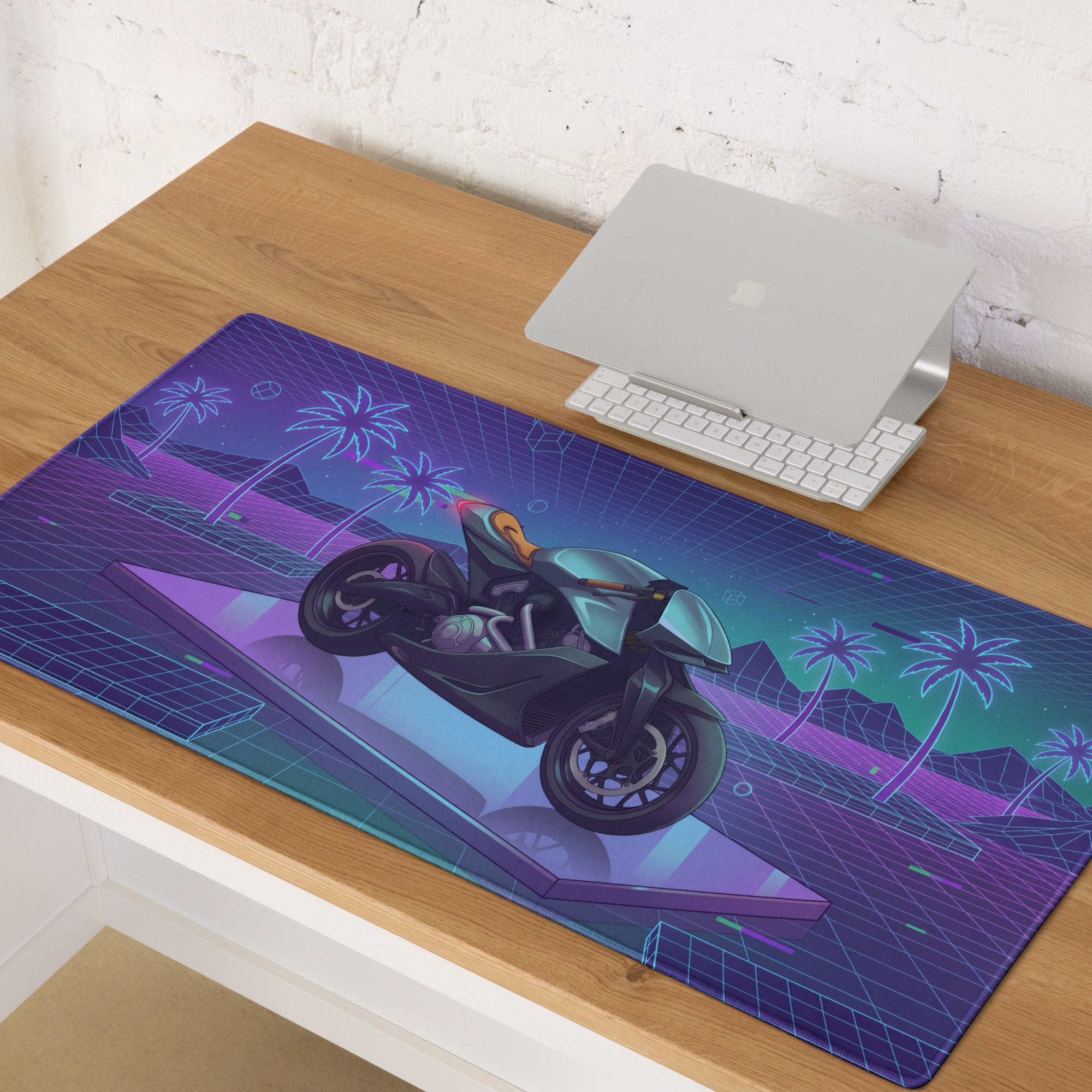 Aston Martin AMB 001 Inspired Silver Blue Vaporwave Gaming Mouse Pad – Neon Palm Grid Desk Mat, Retro Futuristic Luxury Motorcycle Vector Art
