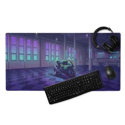 BMW S1000RR Inspired Green Purple Vaporwave Gaming Mouse Pad – Neon Cyber Garage Desk Mat, Retro Futuristic Sportbike Vector Art