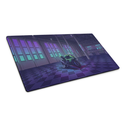 BMW S1000RR Inspired Green Purple Vaporwave Gaming Mouse Pad – Neon Cyber Garage Desk Mat, Retro Futuristic Sportbike Vector Art