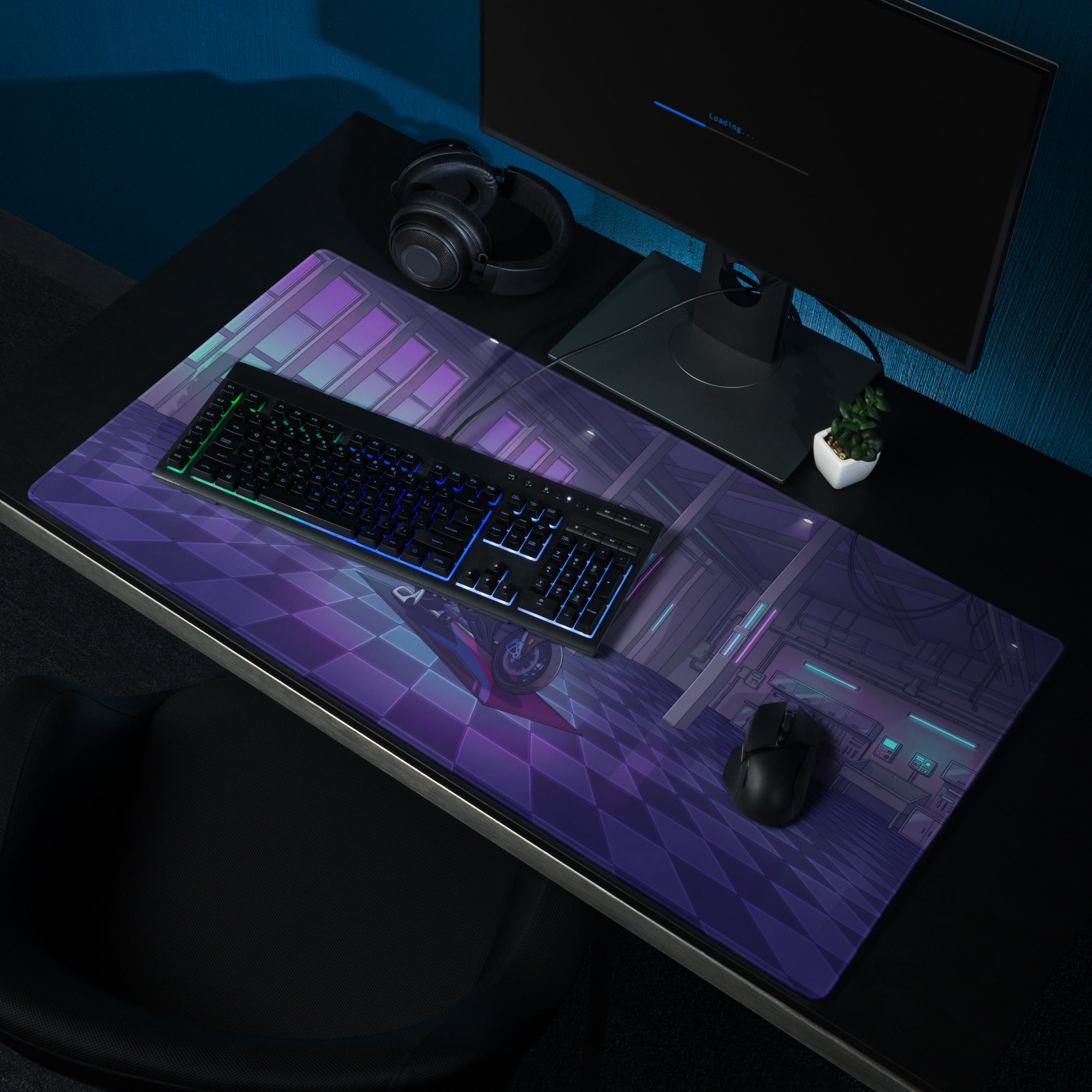 BMW S1000RR Inspired Green Purple Vaporwave Gaming Mouse Pad – Neon Cyber Garage Desk Mat, Retro Futuristic Sportbike Vector Art