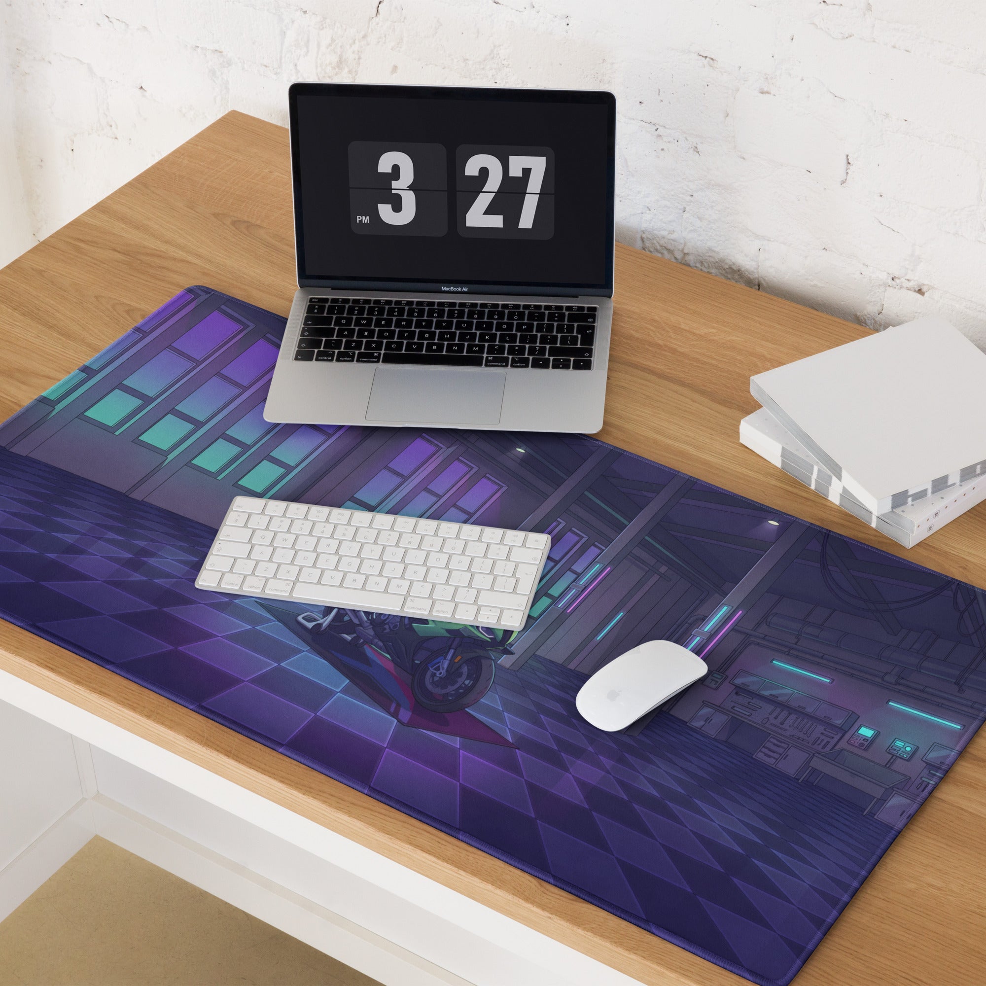 BMW S1000RR Inspired Green Purple Vaporwave Gaming Mouse Pad – Neon Cyber Garage Desk Mat, Retro Futuristic Sportbike Vector Art