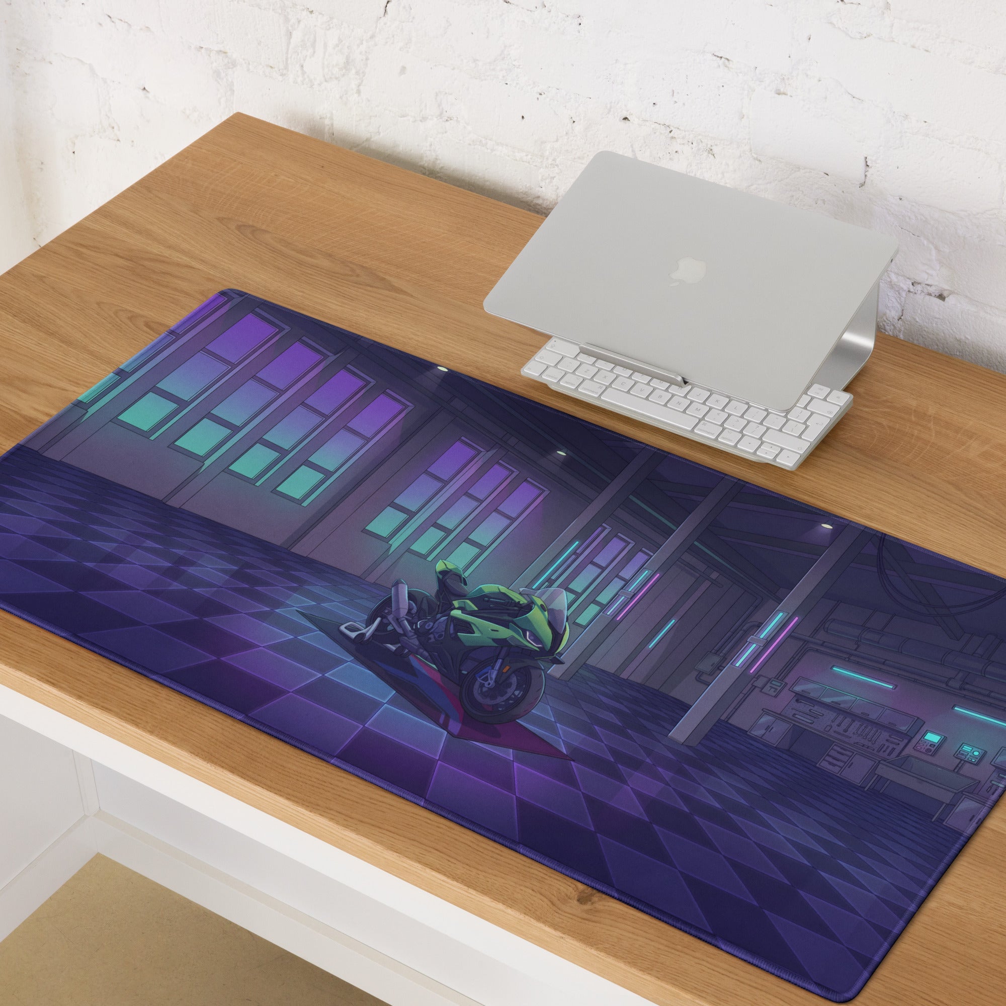 BMW S1000RR Inspired Green Purple Vaporwave Gaming Mouse Pad – Neon Cyber Garage Desk Mat, Retro Futuristic Sportbike Vector Art