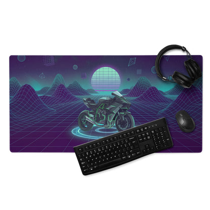 Kawasaki Ninja H2 Inspired Black Teal Vaporwave Gaming Mouse Pad – Neon Grid Mountain Desk Mat, Retro Futuristic Sport Touring Motorcycle Vector Art