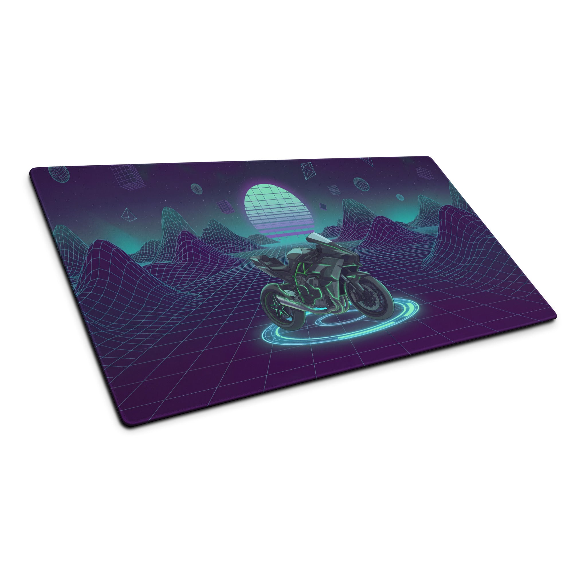 Kawasaki Ninja H2 Inspired Black Teal Vaporwave Gaming Mouse Pad – Neon Grid Mountain Desk Mat, Retro Futuristic Sport Touring Motorcycle Vector Art