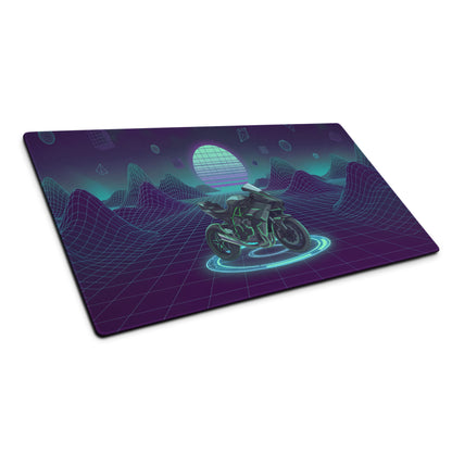 Kawasaki Ninja H2 Inspired Black Teal Vaporwave Gaming Mouse Pad – Neon Grid Mountain Desk Mat, Retro Futuristic Sport Touring Motorcycle Vector Art