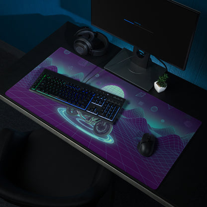 Kawasaki Ninja H2 Inspired Black Teal Vaporwave Gaming Mouse Pad – Neon Grid Mountain Desk Mat, Retro Futuristic Sport Touring Motorcycle Vector Art