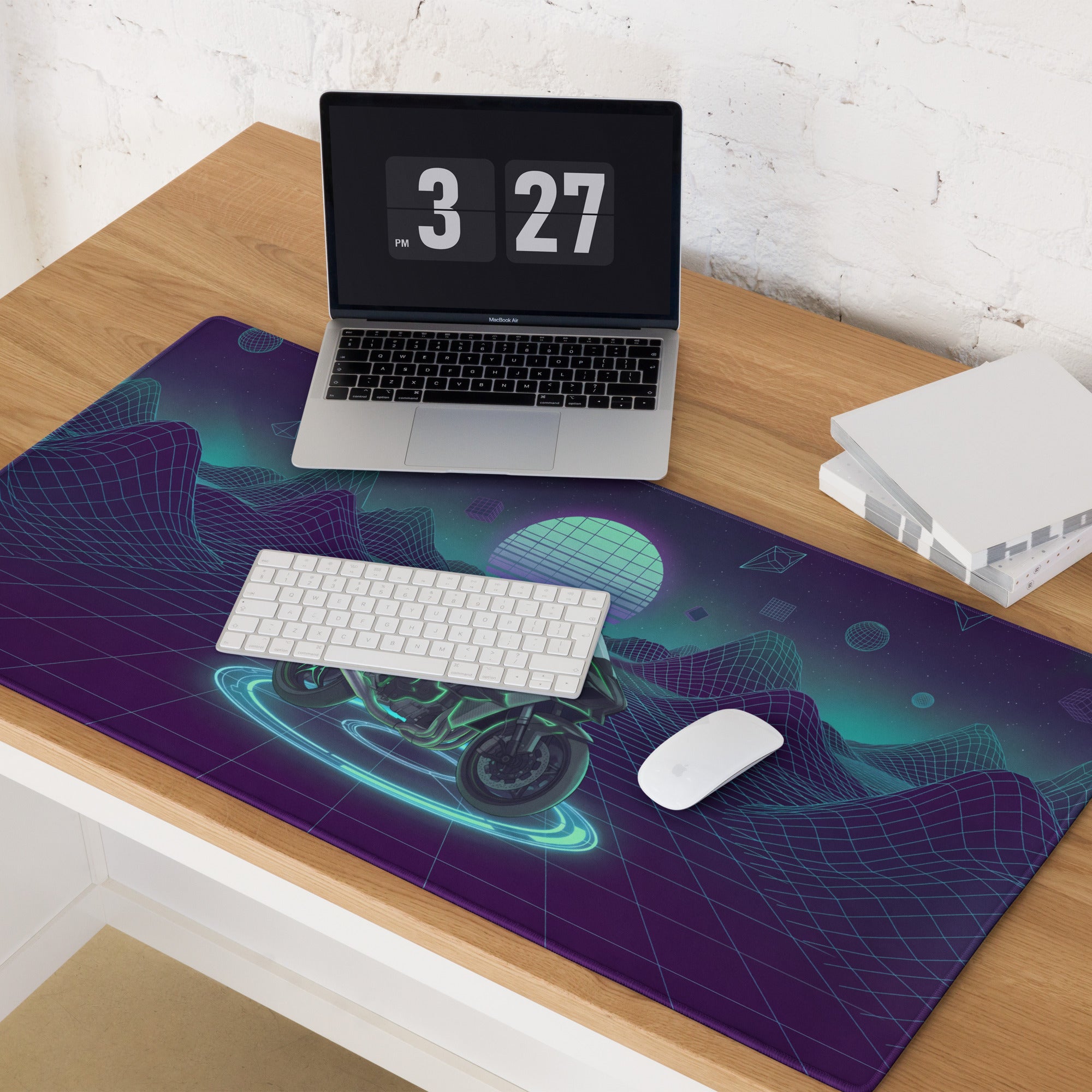 Kawasaki Ninja H2 Inspired Black Teal Vaporwave Gaming Mouse Pad – Neon Grid Mountain Desk Mat, Retro Futuristic Sport Touring Motorcycle Vector Art