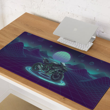 Kawasaki Ninja H2 Inspired Black Teal Vaporwave Gaming Mouse Pad – Neon Grid Mountain Desk Mat, Retro Futuristic Sport Touring Motorcycle Vector Art
