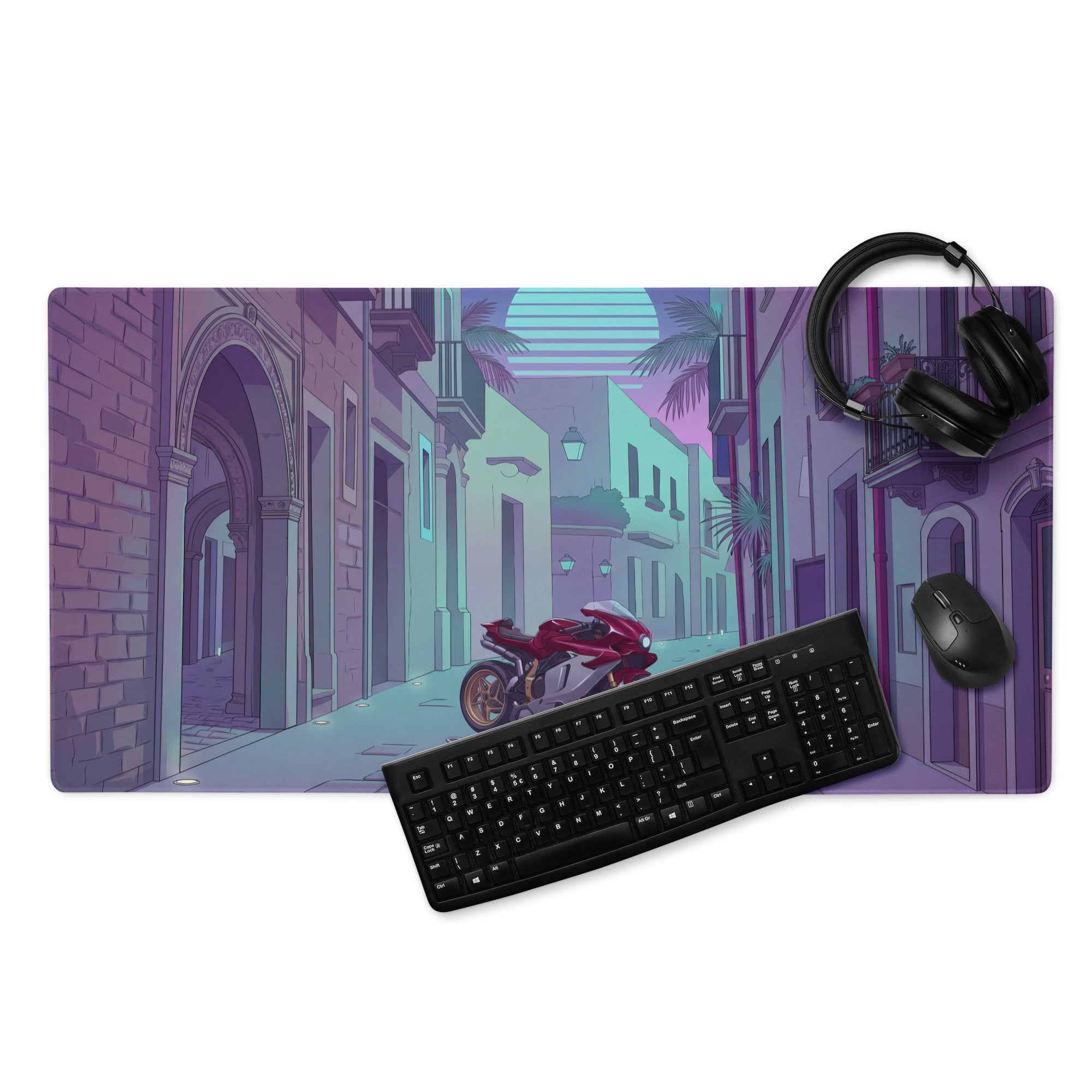 MV Agusta Superveloce 800 Inspired Red Silver Vaporwave Gaming Mouse Pad – Neon Italian Street Desk Mat, Retro Futuristic Sportbike Vector Art