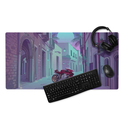 MV Agusta Superveloce 800 Inspired Red Silver Vaporwave Gaming Mouse Pad – Neon Italian Street Desk Mat, Retro Futuristic Sportbike Vector Art