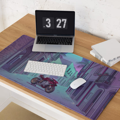 MV Agusta Superveloce 800 Inspired Red Silver Vaporwave Gaming Mouse Pad – Neon Italian Street Desk Mat, Retro Futuristic Sportbike Vector Art