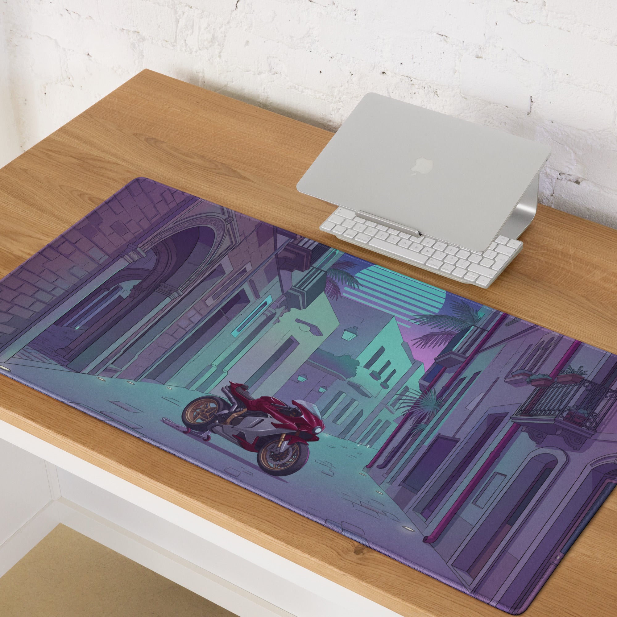 MV Agusta Superveloce 800 Inspired Red Silver Vaporwave Gaming Mouse Pad – Neon Italian Street Desk Mat, Retro Futuristic Sportbike Vector Art
