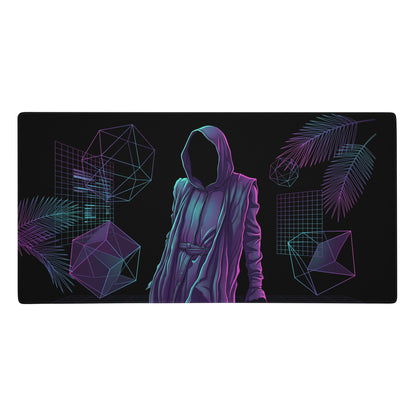 Neon vaporwave hooded mouse pad with nebula design featuring glowing purple teal hooded figure and geometric palm fronds