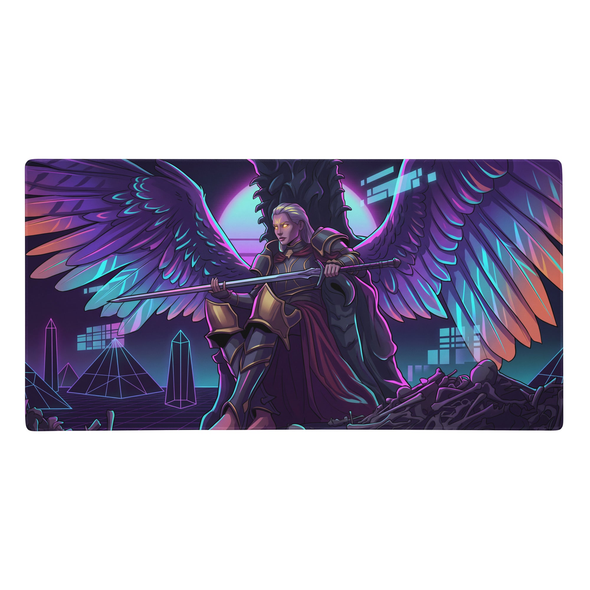 Nebula-themed winged neon warrior gaming mousepad with purple cyan accents on a cyberpunk cityscape background