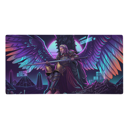 Nebula-themed winged neon warrior gaming mousepad with purple cyan accents on a cyberpunk cityscape background