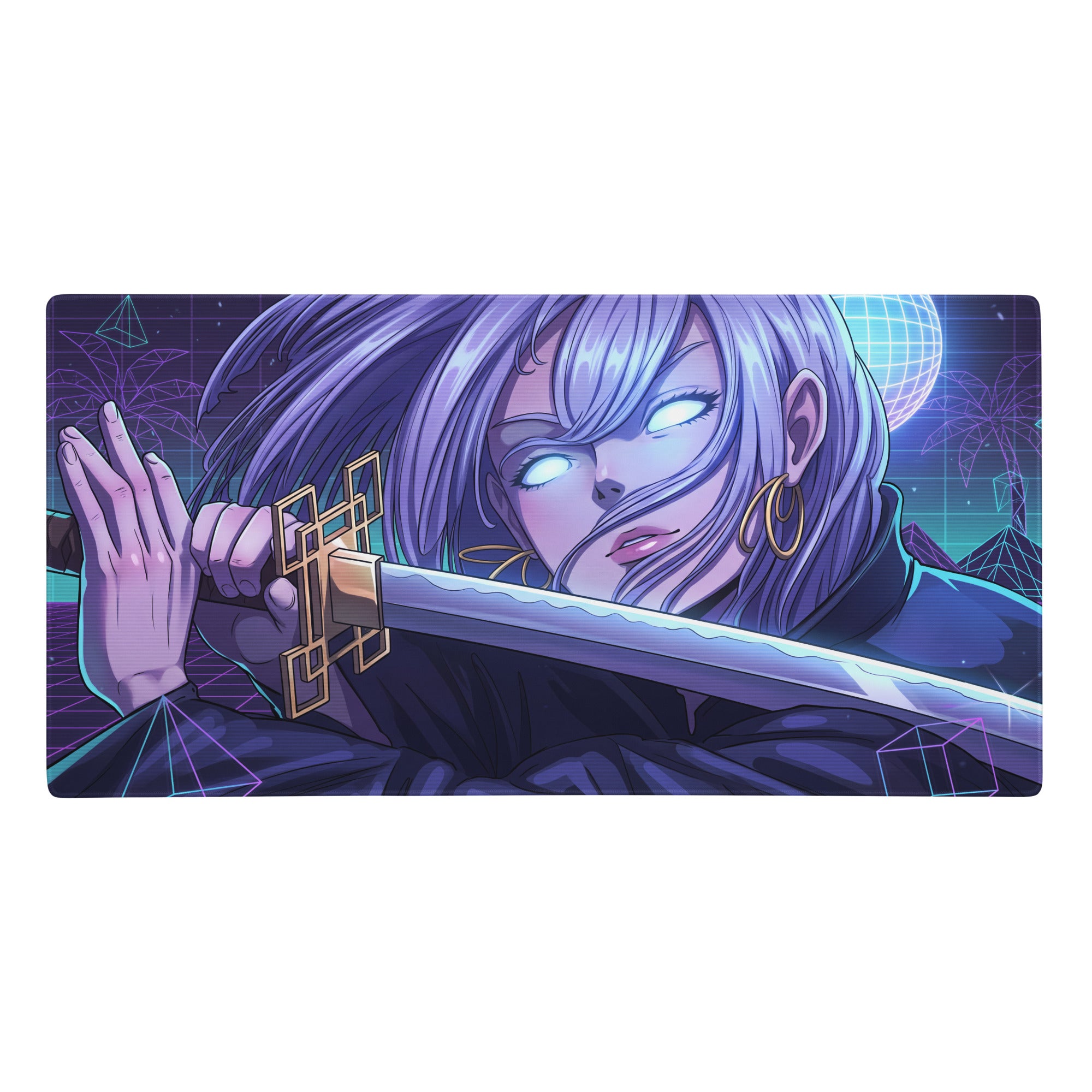 Navy blue and purple gaming mousepad with glowing white eyed anime character holding a sword vaporwave neon design