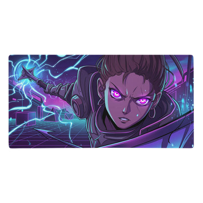 Narrow rectangular vaporwave neon night gaming mousepad with purple anime character and blue cyberpunk lightning design