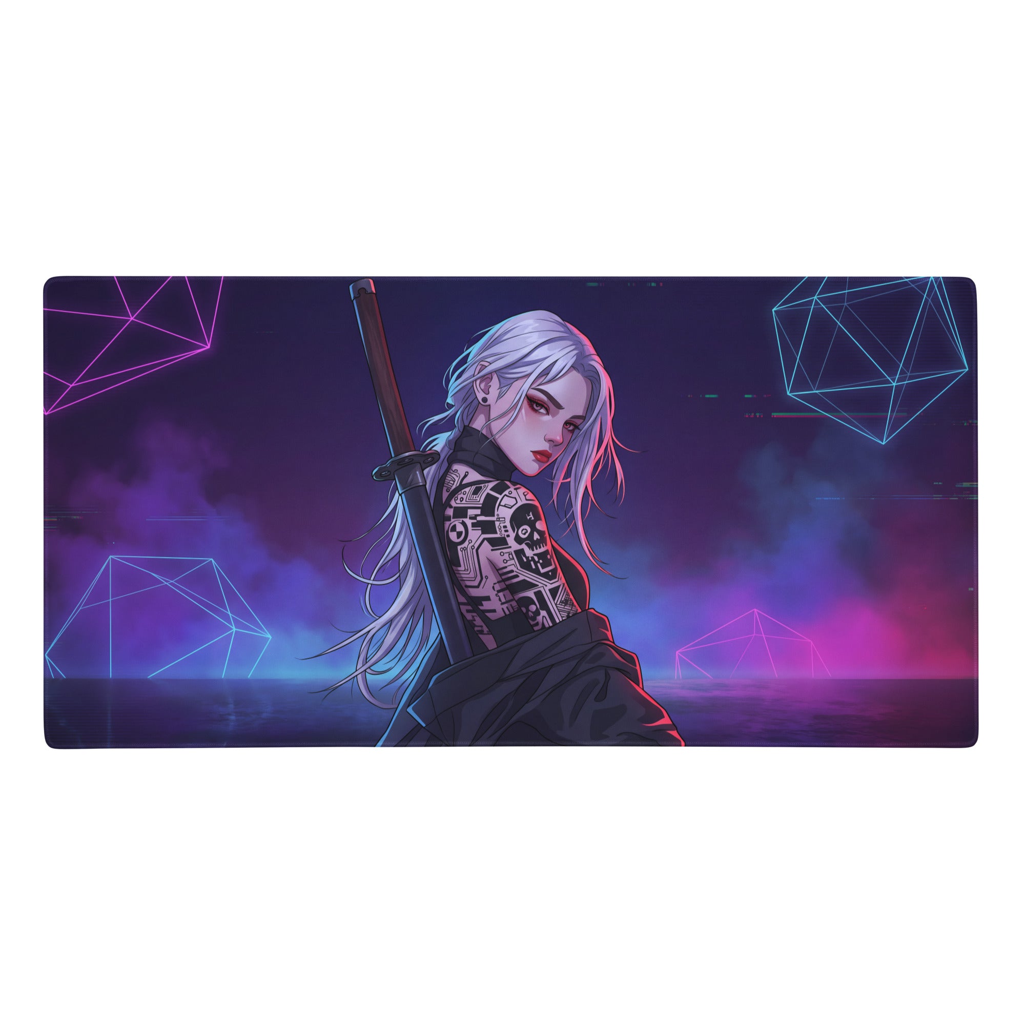 Neon vaporwave warrior mouse pad featuring a nebula-themed cyberpunk anime warrior with silver hair and neon geometric shapes