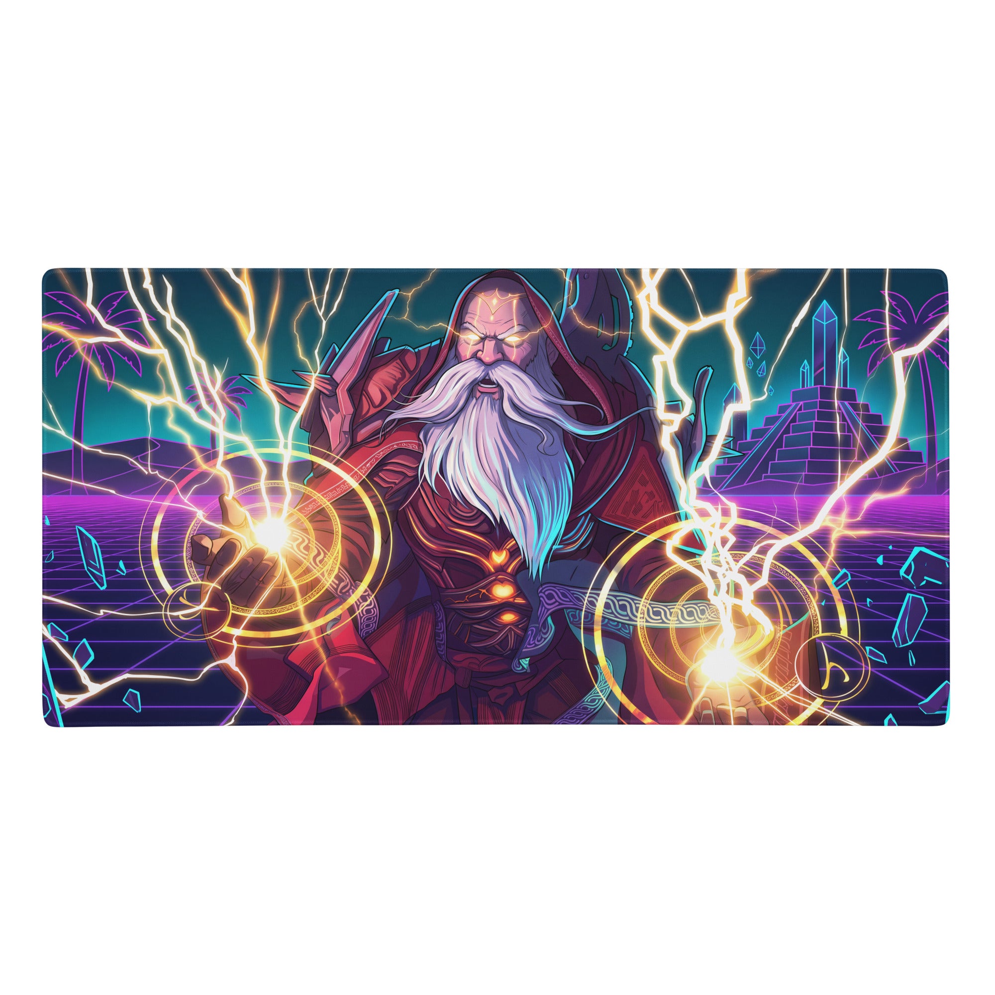 Vaporwave wizard neon console mat with vibrant red-robed wizard and glowing lightning on a purple blue gaming desk mat