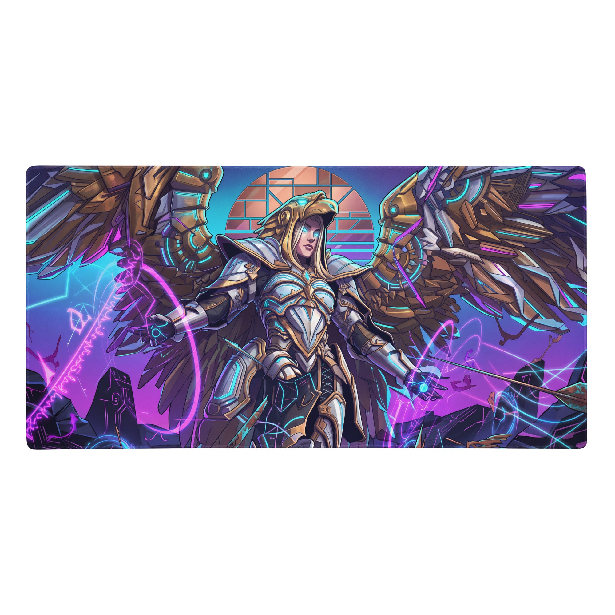 A rectangular gaming mousepad with a vibrant futuristic illustration of an armored angel glowing in neon purple and blue
