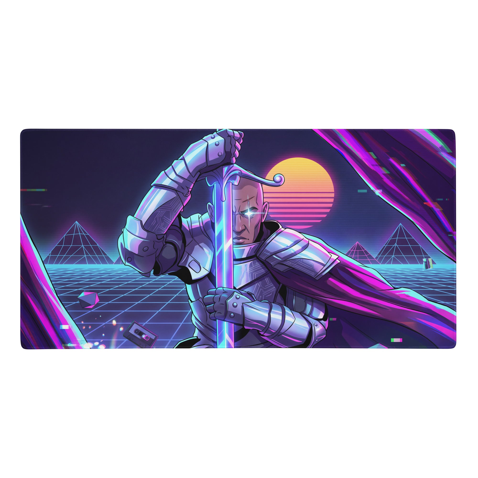 Neon vaporwave cyber mouse pad with nineties-inspired digital art of a knight in metallic armor holding a glowing sword