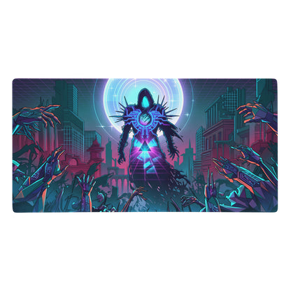 Neon void vaporwave gaming mouse pad with glowing blue and purple nebula figure over cyberpunk cityscape design